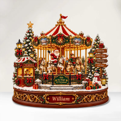 Christmas Carousel Village - Personalized Acrylic Plaque,  Santa Merry Go Round, North Pole Holiday Carnival, Lighted Winter Tabletop Display, Festive Xmas Gift
