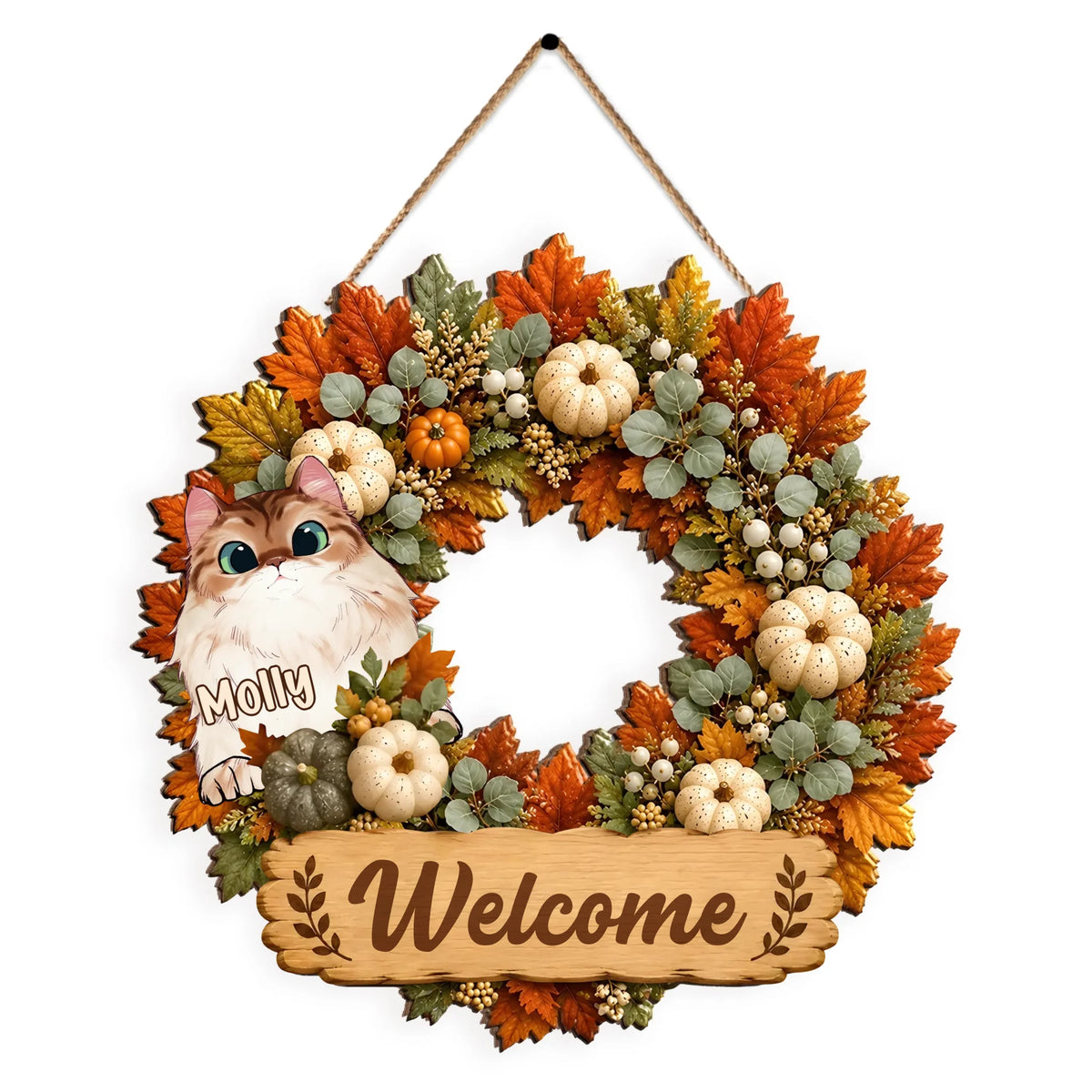 Welcome To Our Home - Personalized Wooden Sign, Cute Autumn Cat Wreath Decor, Creative Gift for Pet Owners