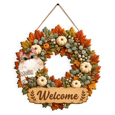 Welcome To Our Home - Personalized Wooden Sign, Cute Autumn Cat Wreath Decor, Creative Gift for Pet Owners