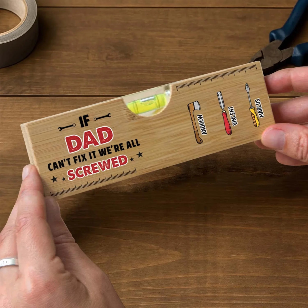 If Dad Can't Fix We Are Screwed - Personalized Engraved Wooden Spirit Level Bottle Opener,  Gift For Dad
