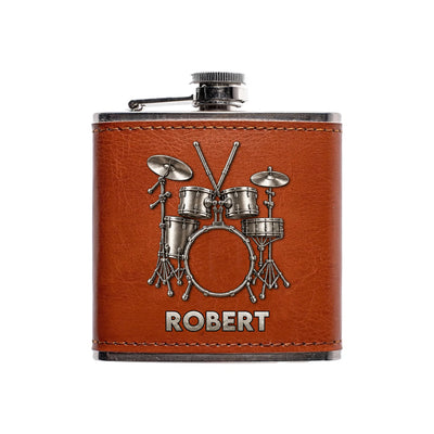 Eat Sleep Drum Repeat - Personalized Leather Hip Flask, Gift For Drum Lovers, Music Lovers Gift