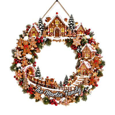 Gingerbread Christmas Wreath- Personalized Wooden Sign,  Gingerbread Village Door Hanger, Christmas Train Wreath, Gingerbread House Decor
