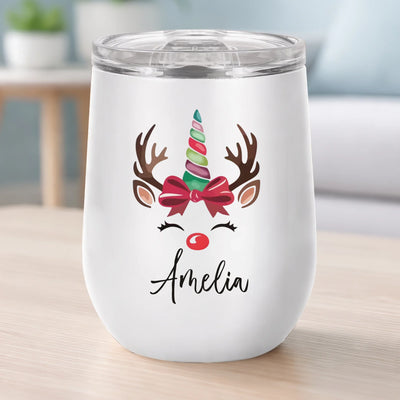 Reindeer Christmas - Personalized Wine Tumbler, Custom Name Holiday Cup, Family Christmas Gift