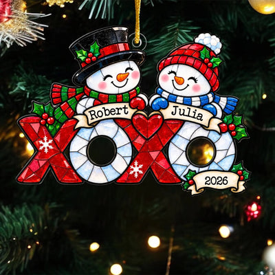 Snowman Couple- Personalized Acrylic Ornament, Stained Glass Style Ornament, Couple Gift, First Christmas Together Keepsake