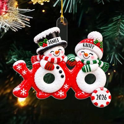 Faux 3D Snowman Couple XOXO - Personalized Acrylic Ornament, Christmas Gift For Couple
