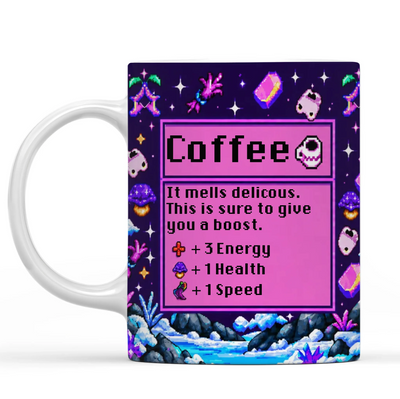 Coffee Gives Me +3 Energy, +1 Health & +1 Speed - Personalized Mug, Retro Pixel Gamer Mug For Coffee Addicts