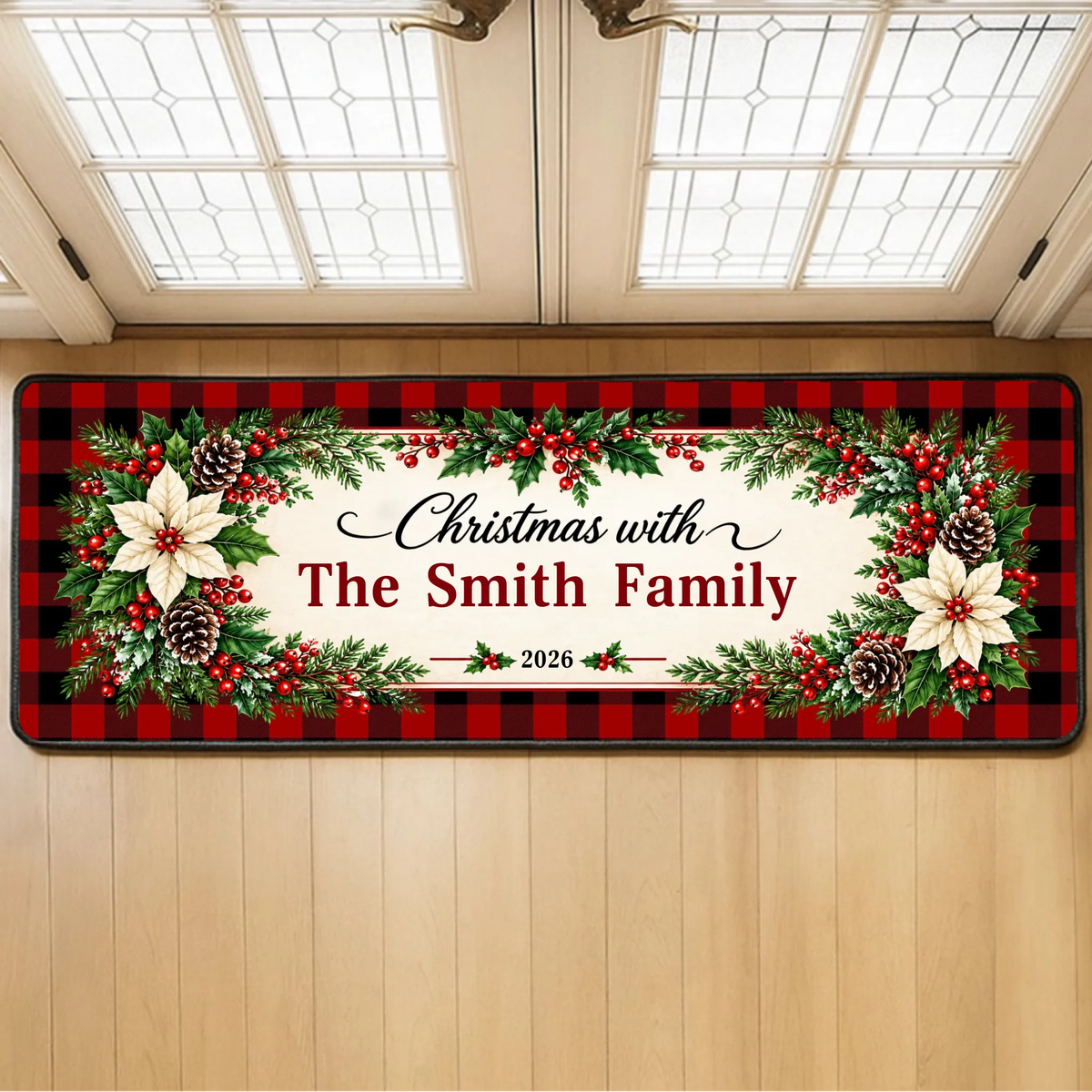Family Name Centerpiece Plaid Christmas Runner Rug
