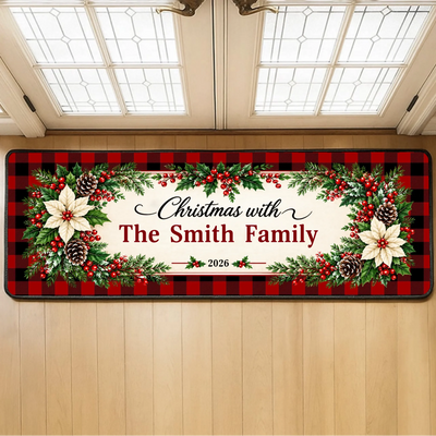 Family Name Centerpiece Plaid Christmas Runner Rug