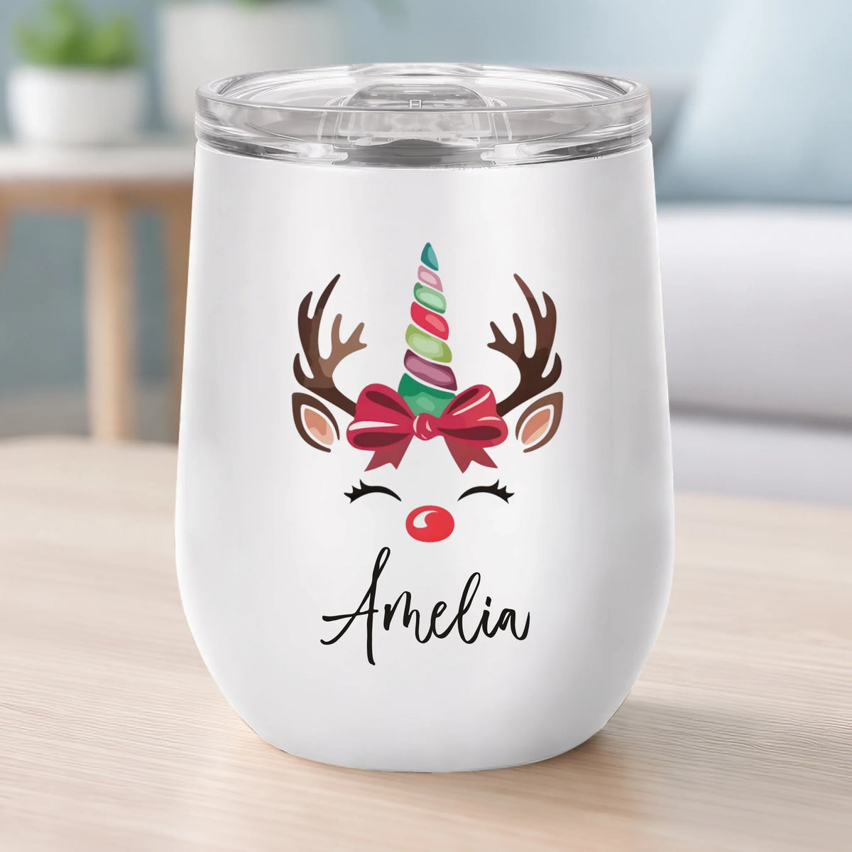 Reindeer Christmas - Personalized Wine Tumbler, Custom Name Holiday Cup, Family Christmas Gift