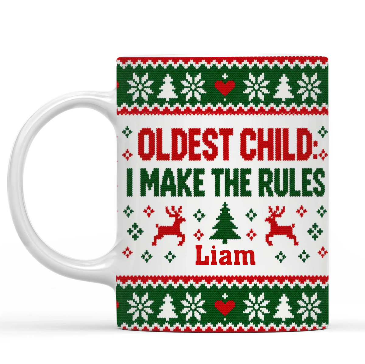 Oldest Child I Make the Rules Christmas Mug, Custom Name Funny Sibling Coffee Cup, Ugly Sweater Holiday Design, Firstborn Gift for Brother or Sister
