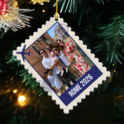 Postage Stamp Memories - Personalized Acrylic Ornament, Custom Family Photo Traveling Ornament