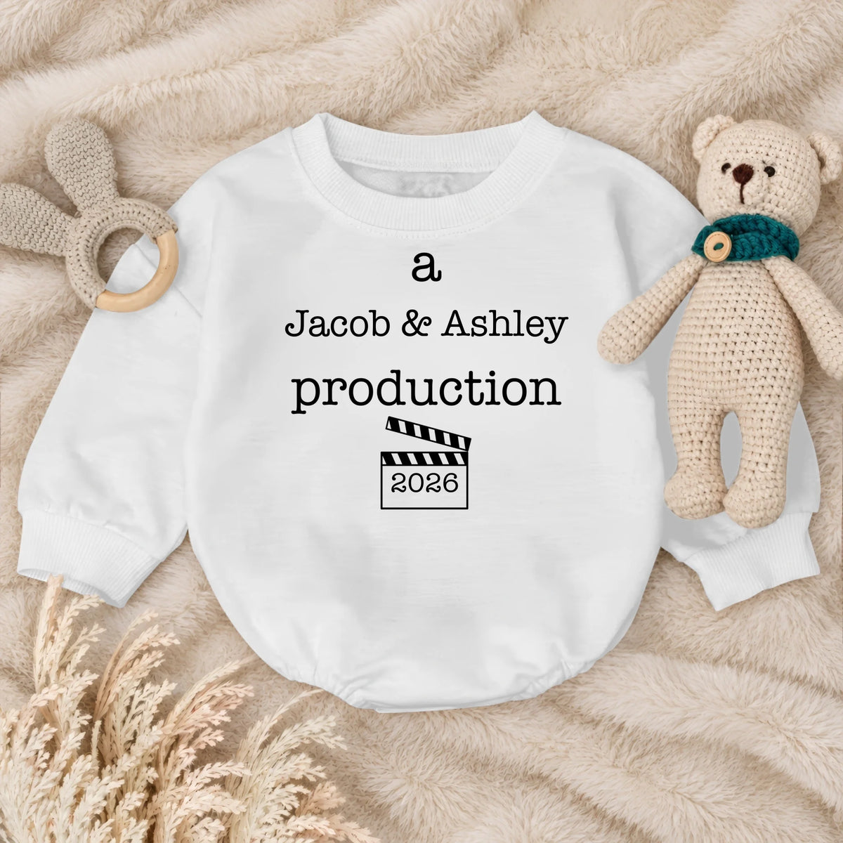 A Mom &amp; Dad Production - Personalized Baby Romper Sweatshirt-2 Side Print, Gift For Parents, Baby Onesie With Custom Parents’ Name