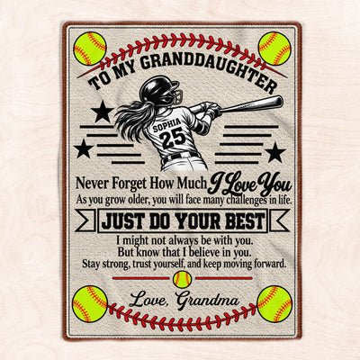 To My Granddaughter Softball - Personalized Blanket, Gift For Granddaughter, Softball Lovers Gift