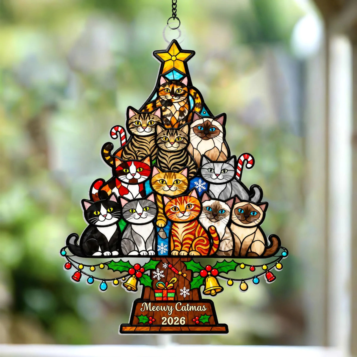 Meowy Catmas - Personalized Acrylic Suncatcher, Gift For Cat Lovers, Christmas Gift