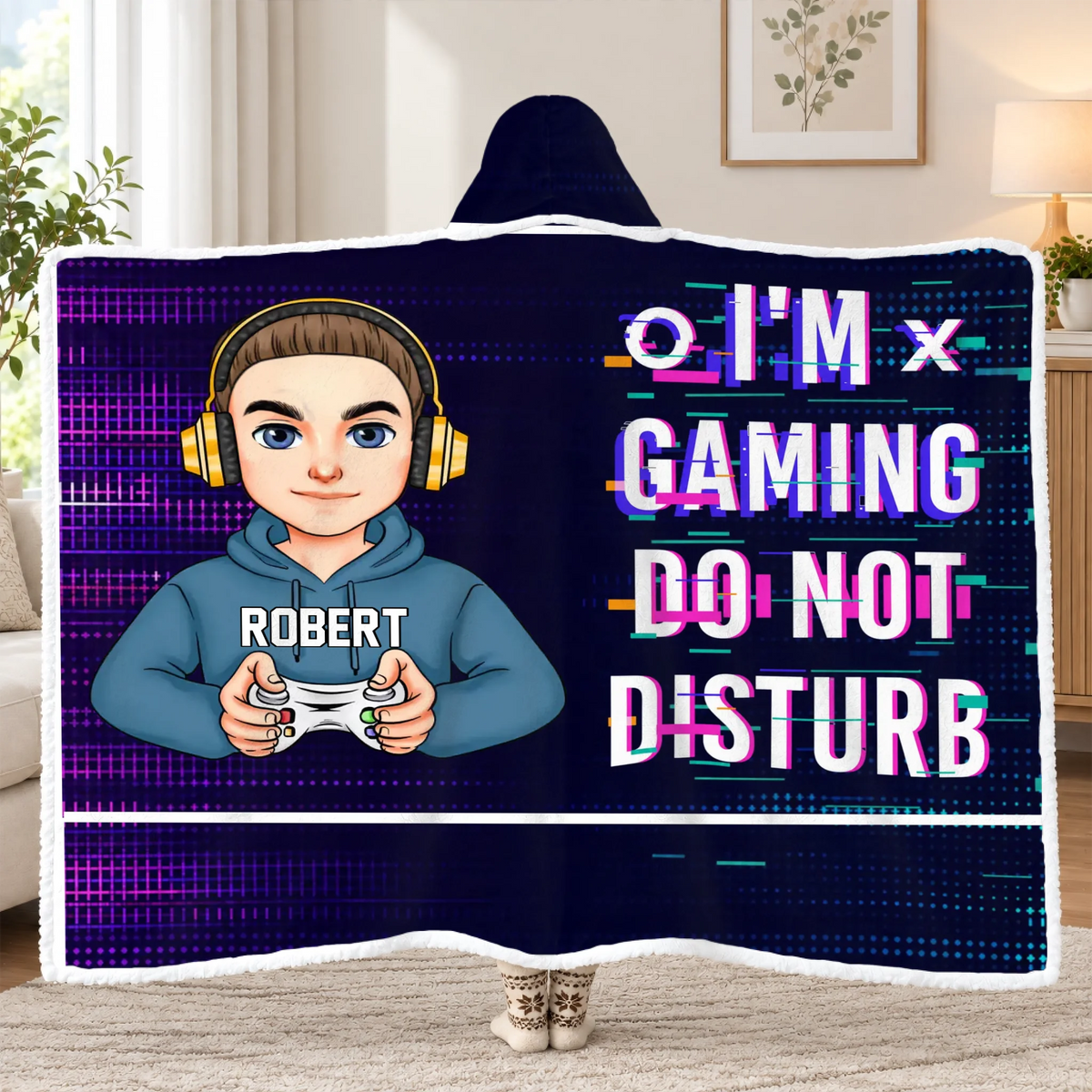 Gaming Time - Personalized Wearable Hooded Blanket, Custom Name , Video Game Lover Blanket, Gift for Gamer