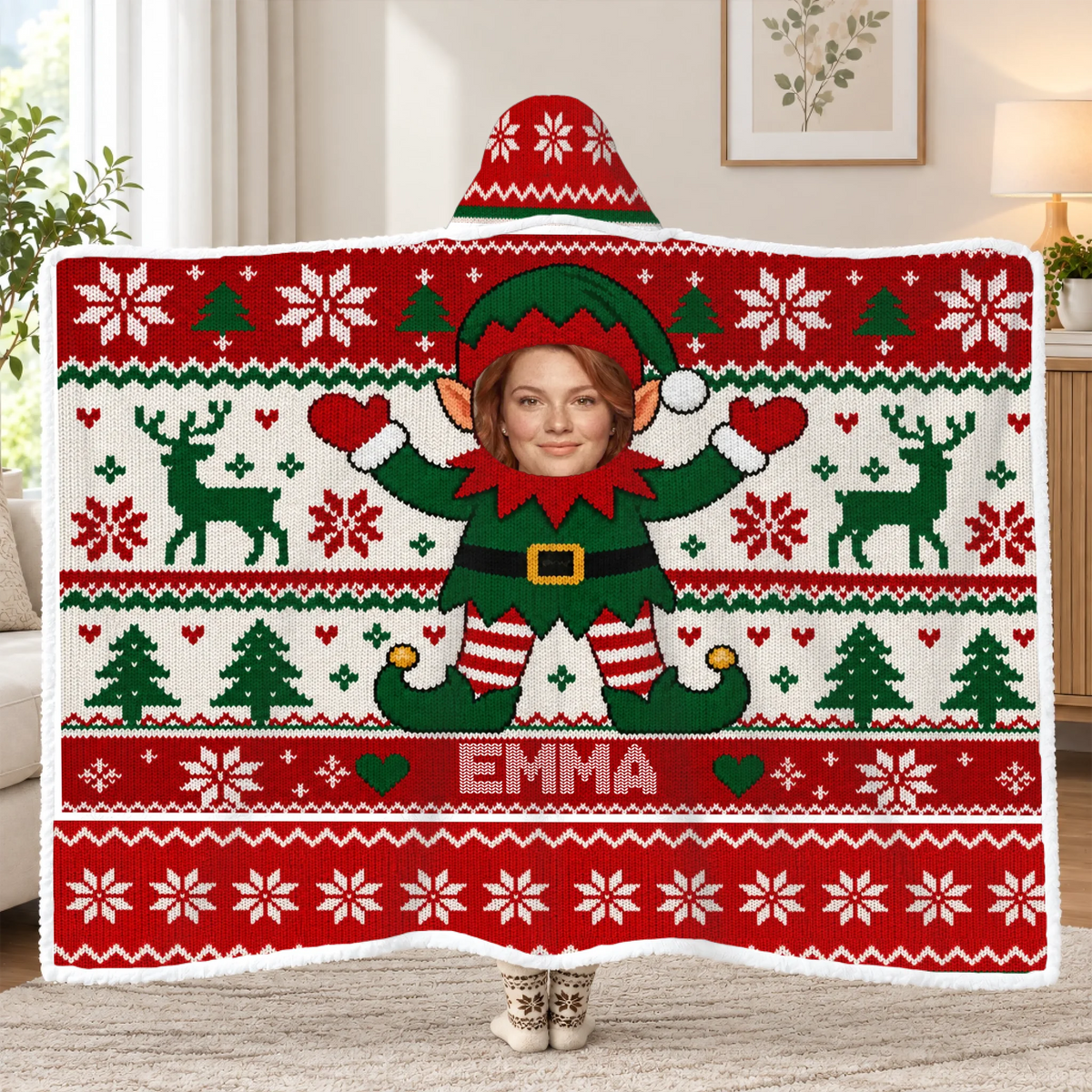Santa's Cutest Little Helper - Personalized Wearable Hooded Blanket, Custom Photo and Name Kid Blanket, Gift for Children