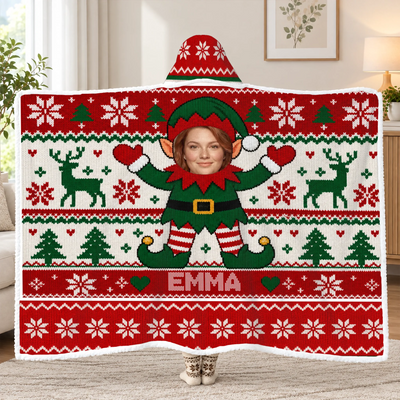 Santa's Cutest Little Helper - Personalized Wearable Hooded Blanket, Custom Photo and Name Kid Blanket, Gift for Children