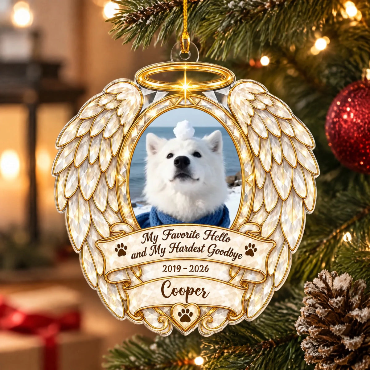 My Favorite Hello and My Hardest Goodbye- Personalized Acrylic Ornament, Angel Wings Pet Memorial Christmas Gift