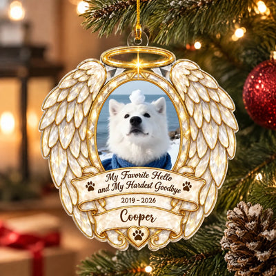 My Favorite Hello and My Hardest Goodbye- Personalized Acrylic Ornament, Angel Wings Pet Memorial Christmas Gift