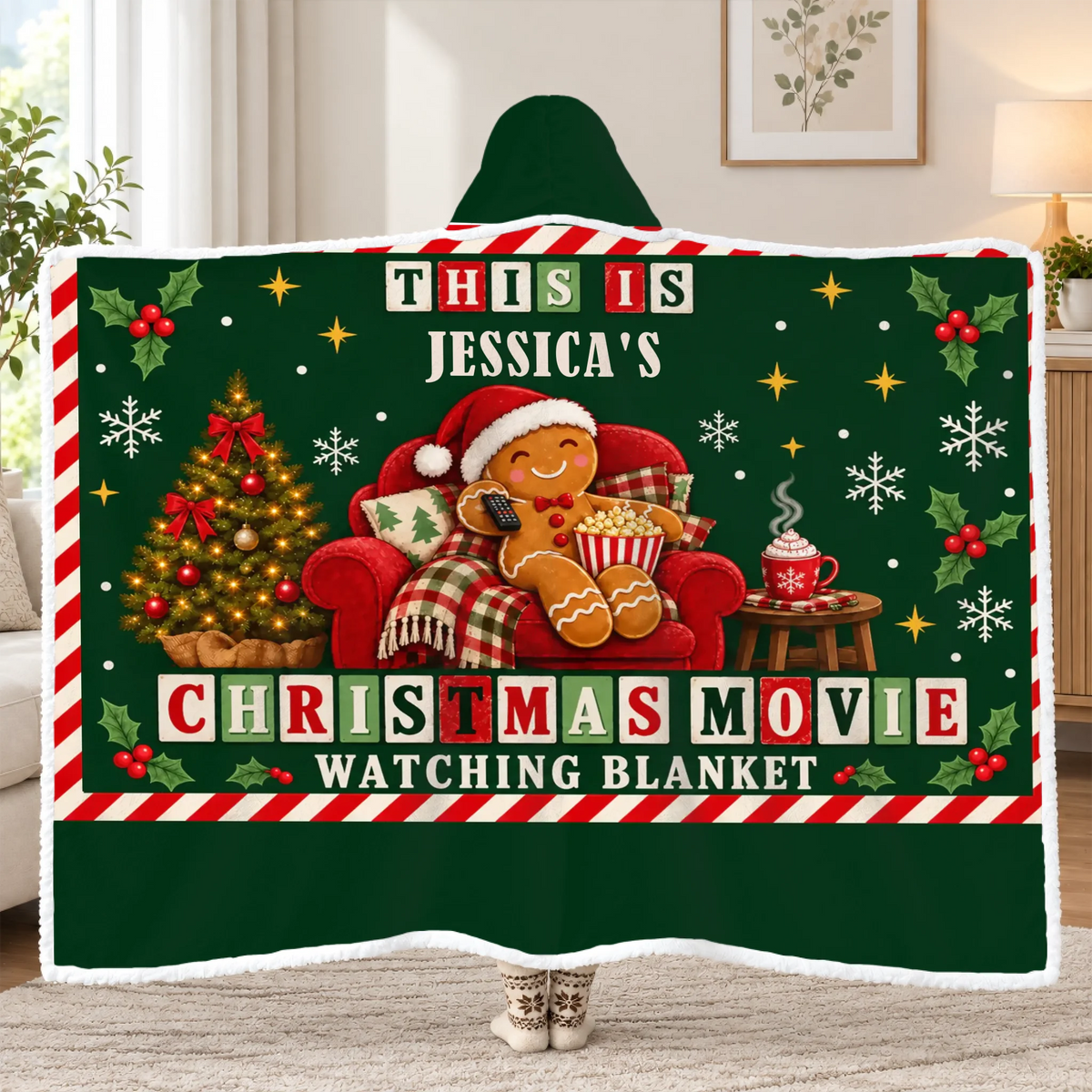 Christmas Movie Time - Personalized Wearable Hooded Blanket, Cozy Gingerbread Wearable Blanket, Christmas Gift