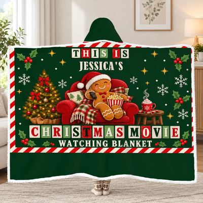 Christmas Movie Time - Personalized Wearable Hooded Blanket, Cozy Gingerbread Wearable Blanket, Christmas Gift