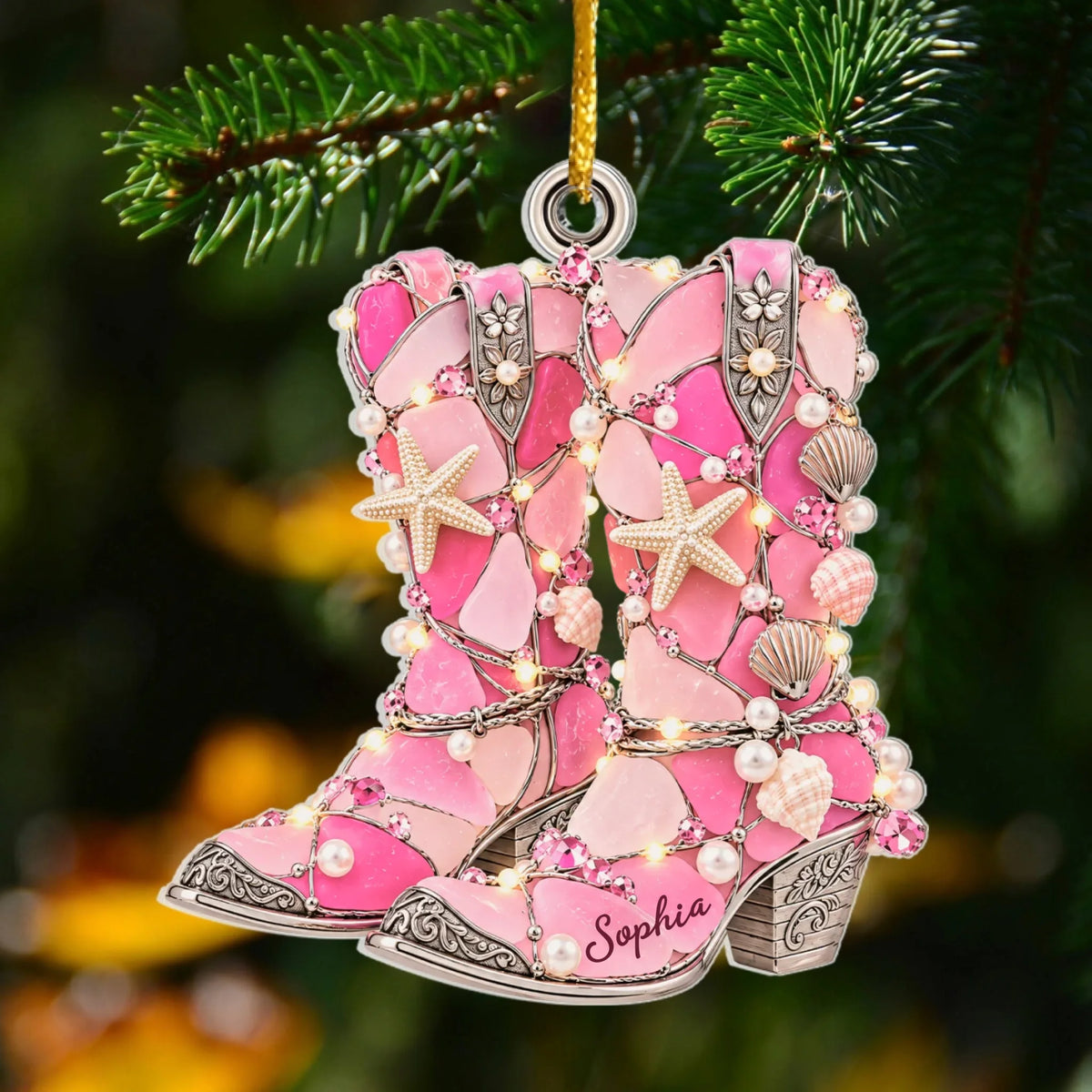 Cowboy Boot Sea Glass Christmas - Personalized Acrylic Ornament, Gifts For Cowboys &amp; Cowgirls