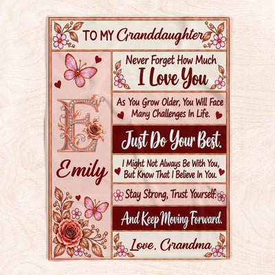From Grandma To Her Granddaughter - Personalized Blanket, Pink Rose Butterfly Initial Blanket for Granddaughter