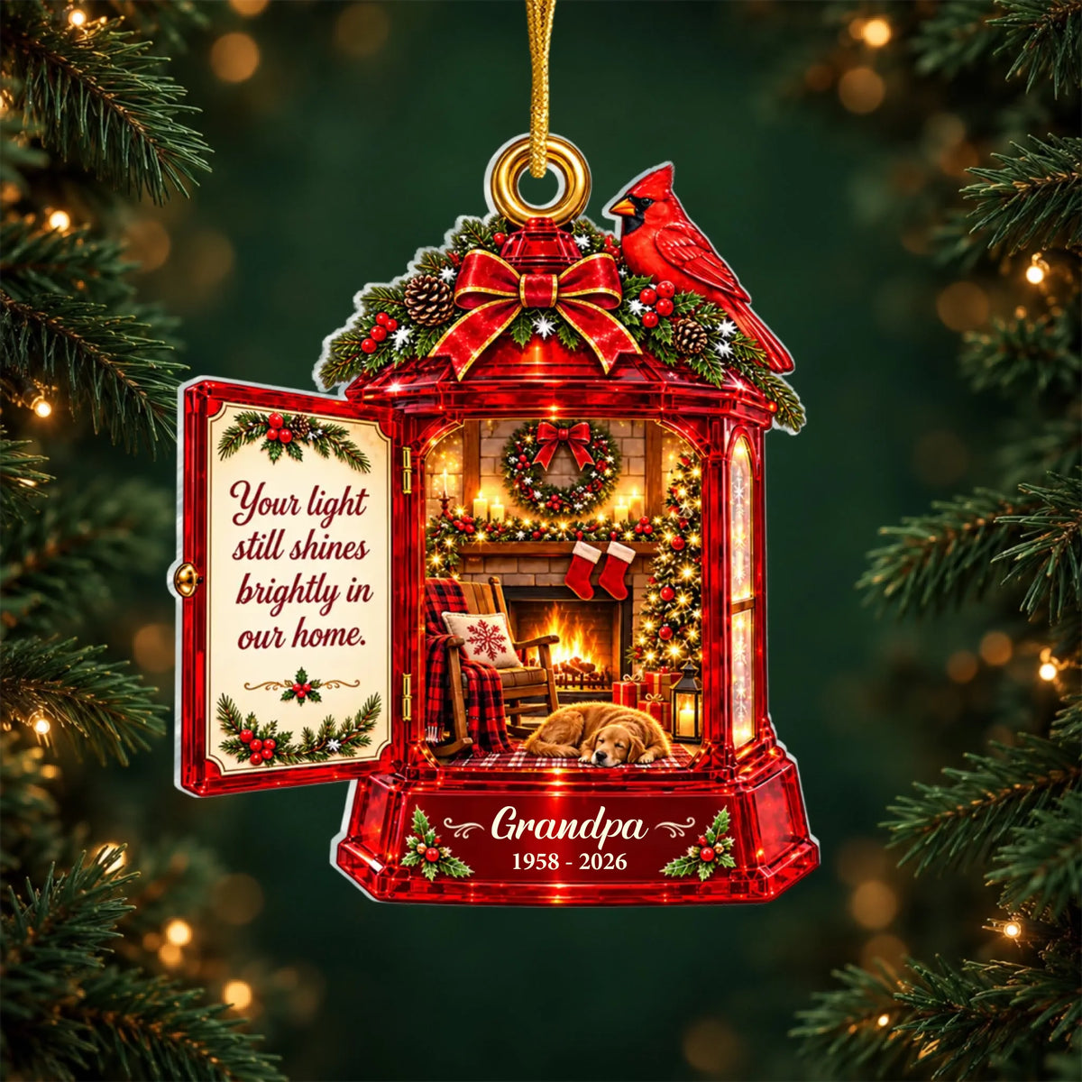 Your light Still Shines Brightly In Our Home - Personalized Acrylic Ornament, Cozy Fireplace Memorial Lantern Ornament
