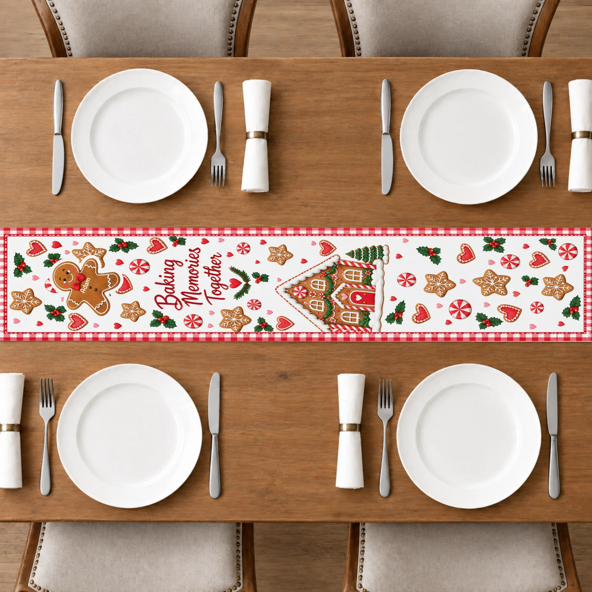 Baking Memories Together Christmas Table Runner, Custom Gingerbread Family Names Holiday Table Decor, Cute Gingerbread House Dining Runner, Festive Xmas Gift for Grandma