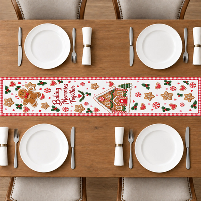 Baking Memories Together Christmas Table Runner, Custom Gingerbread Family Names Holiday Table Decor, Cute Gingerbread House Dining Runner, Festive Xmas Gift for Grandma