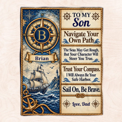 To My Son- Personalized Blanket, Vintage Nautical Compass Advice Blanket for Son, Gift For Son, Grandson