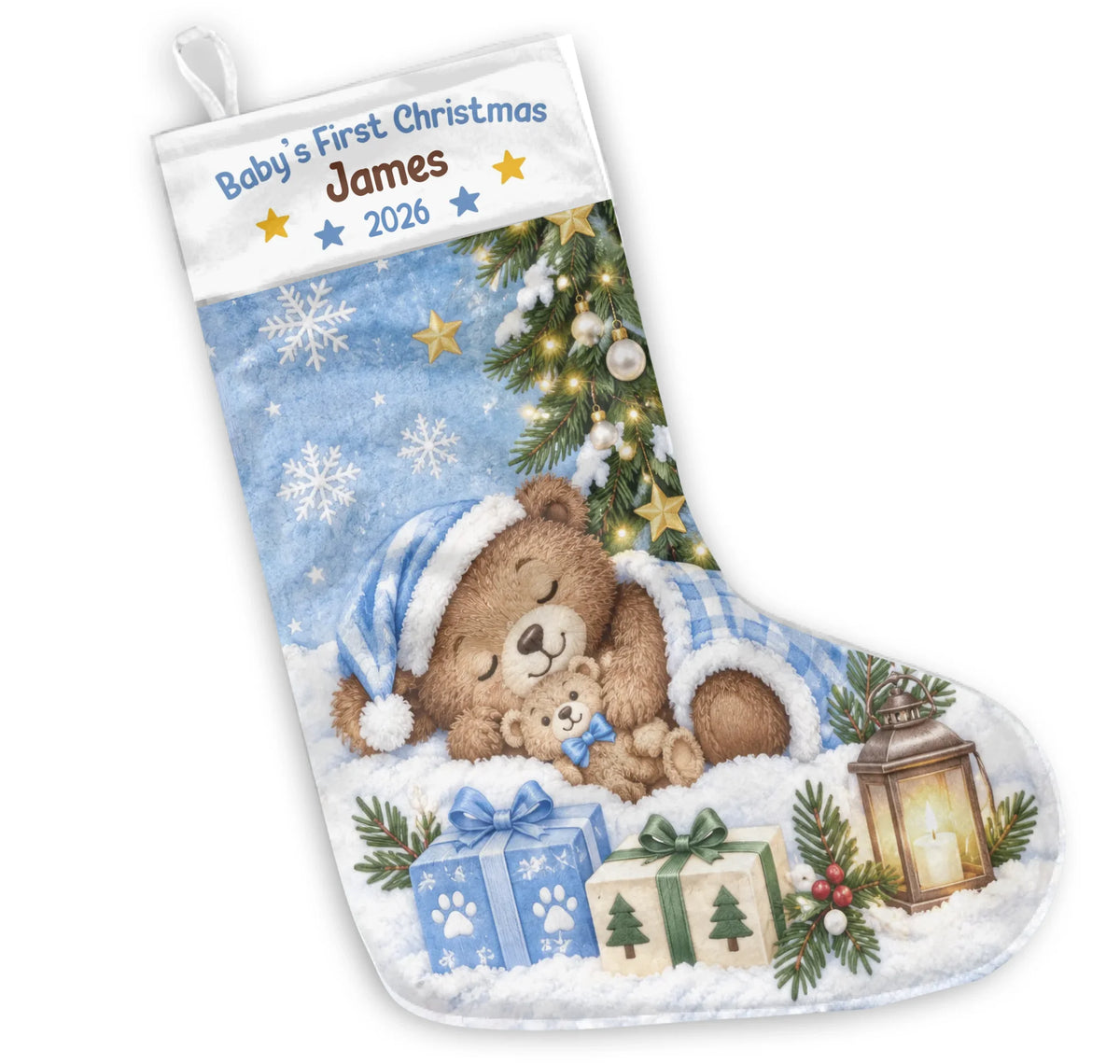 Baby's First Christmas Sleeping Bear - Personalized Stocking, Gift For New Baby