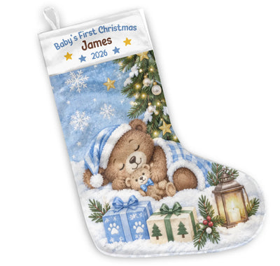 Baby's First Christmas Sleeping Bear - Personalized Stocking, Gift For New Baby