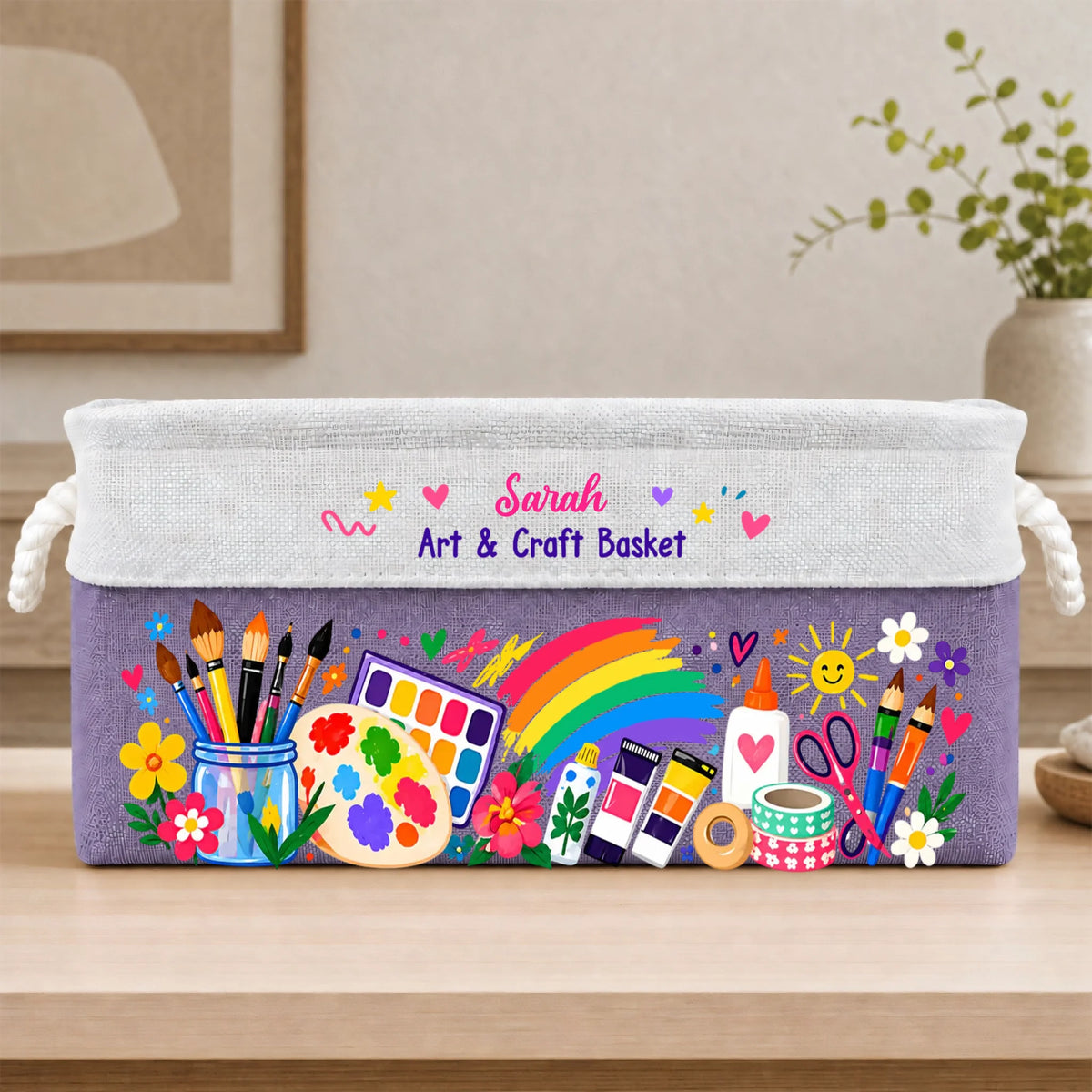 My Little World Of Colors - Personalized Book Storage Basket, Custom Name Rainbow Art Supplies Basket
