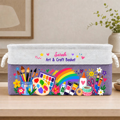 My Little World Of Colors - Personalized Book Storage Basket, Custom Name Rainbow Art Supplies Basket