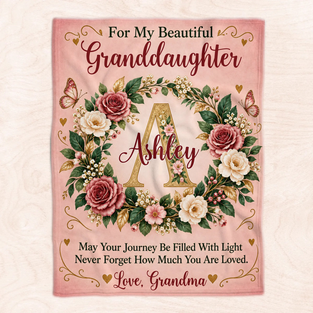 For My Beautiful Granddaughter- Personalized Blanket, Elegant Floral Wreath Initial Blanket for Granddaughter, Daughter Gift
