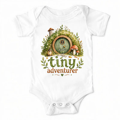 Tiny Adventurer- Personalized Baby Onesie, Hobbit Hole Bodysuit, Newborn Bodysuit, Baby Shower Gift
