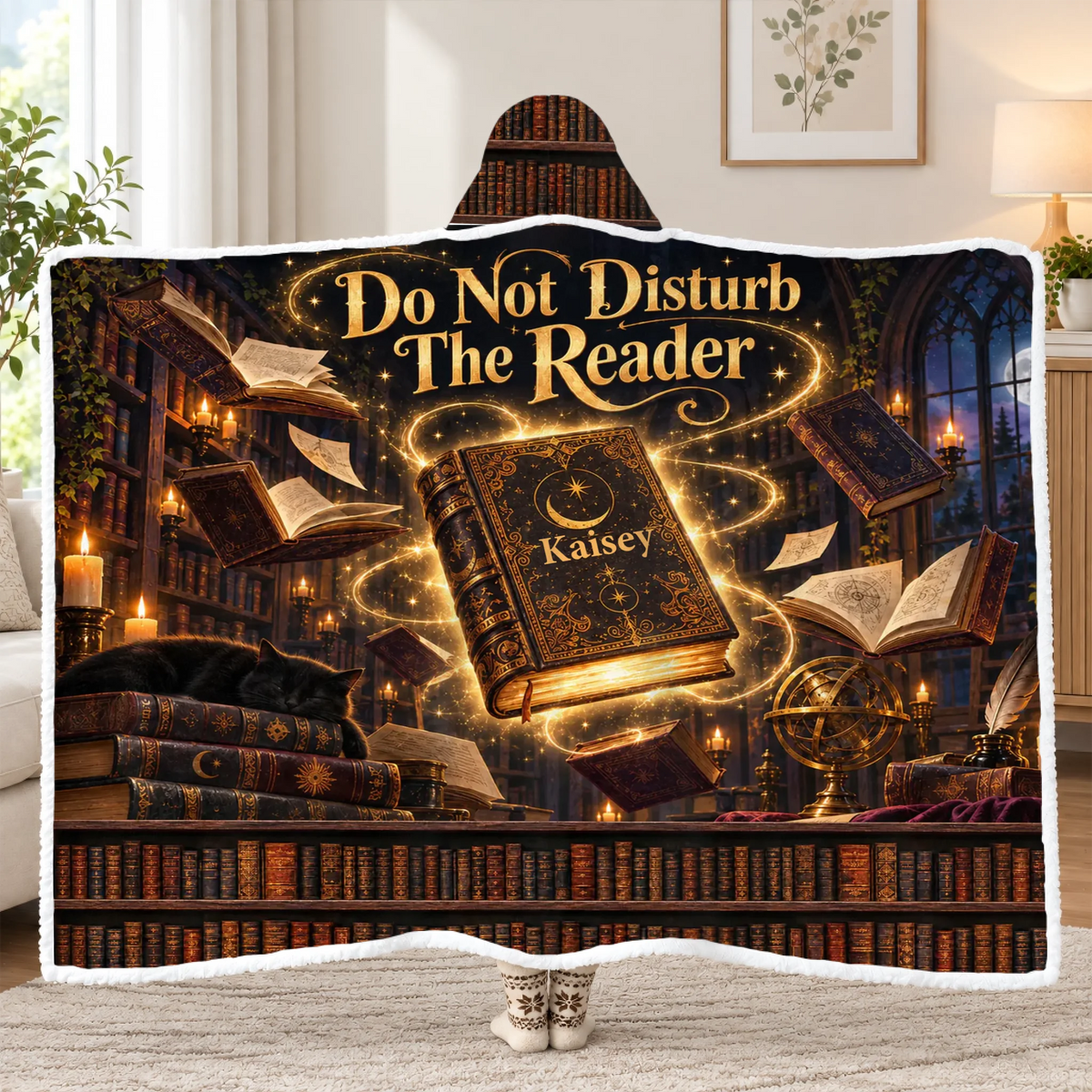 Do Not Disturb The Reader- Personalized Wearable Hooded Blanket, Dark Academia Magic Spellbook Blanket