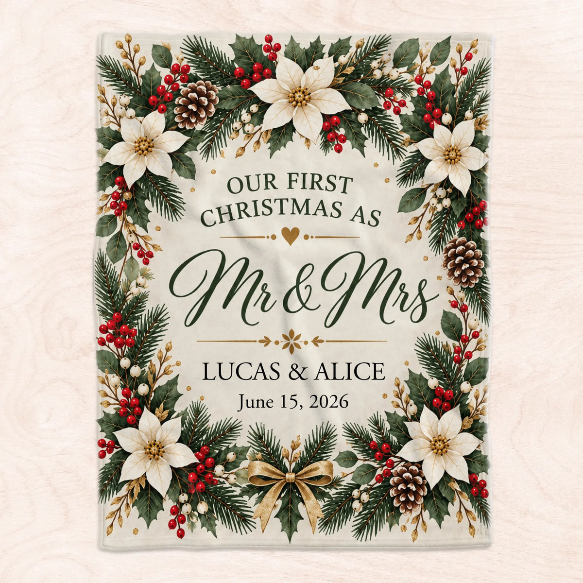 Elegant Winter Wreath First Christmas - Personalized Blanket, Cozy Fireplace First Christmas Couple Keepsake