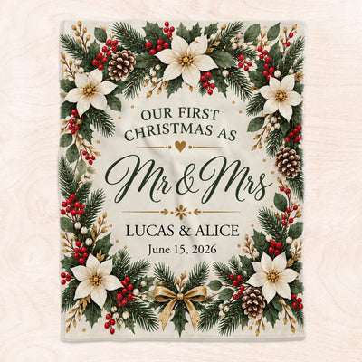 Elegant Winter Wreath First Christmas - Personalized Blanket, Cozy Fireplace First Christmas Couple Keepsake