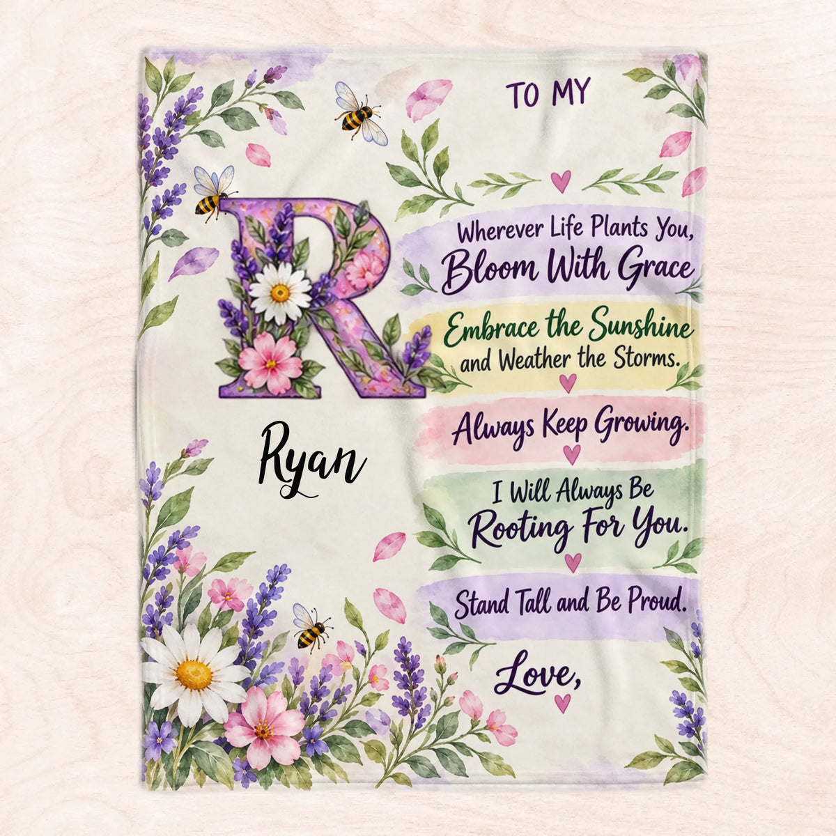 To My Daughter- Personalized Blanket, Gift For Daughter, Watercolor Wildflower Initial Blanket for Daughter