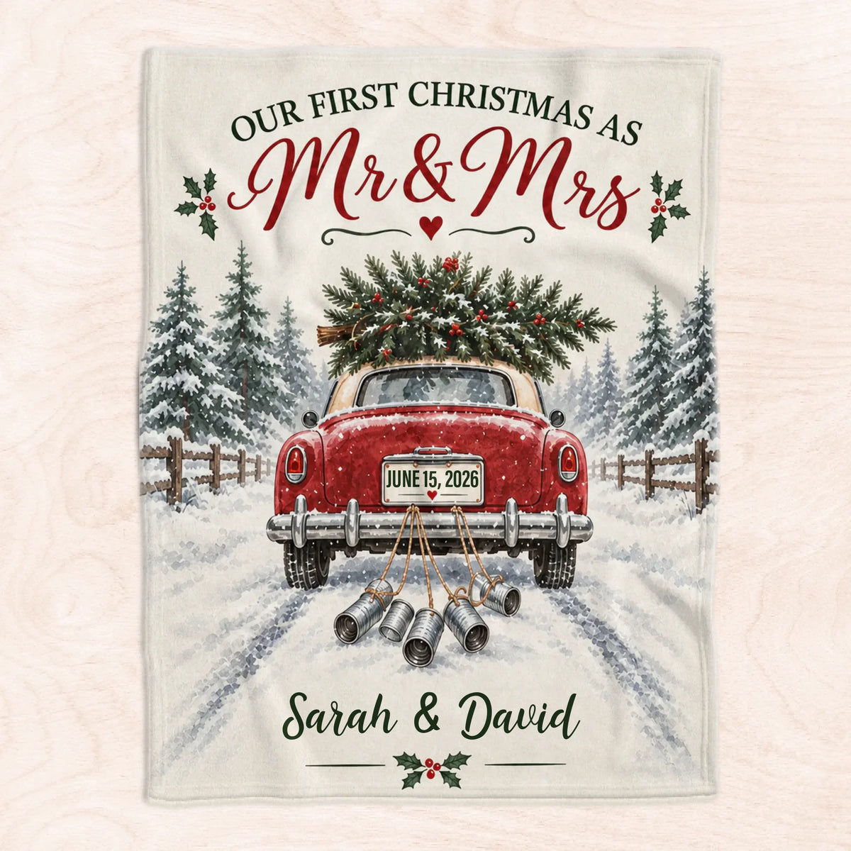 Wedding Car First Christmas - Personalized Blanket, Cozy Fireplace First Christmas Couple Keepsake