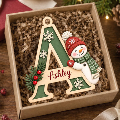 Initial Snowman Christmas- Personalized Wooden Ornament, Custom Name Letter, Rustic Holiday Keepsake