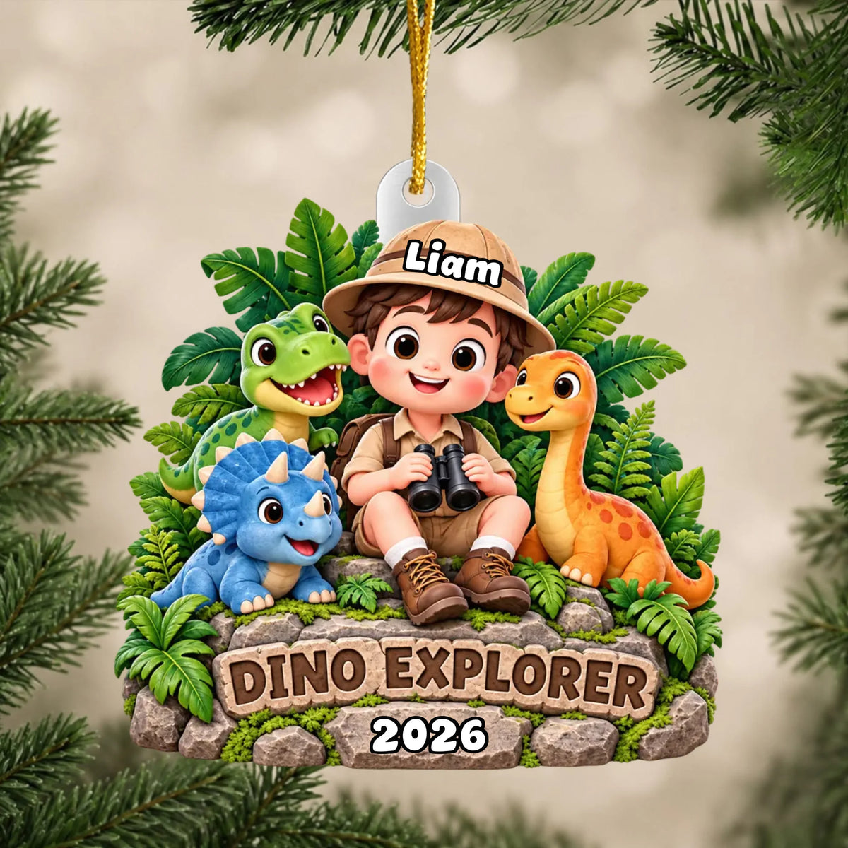 Dino Explorer - Personalized Acrylic Ornament, Custom Name Child Dinosaurs Ornament