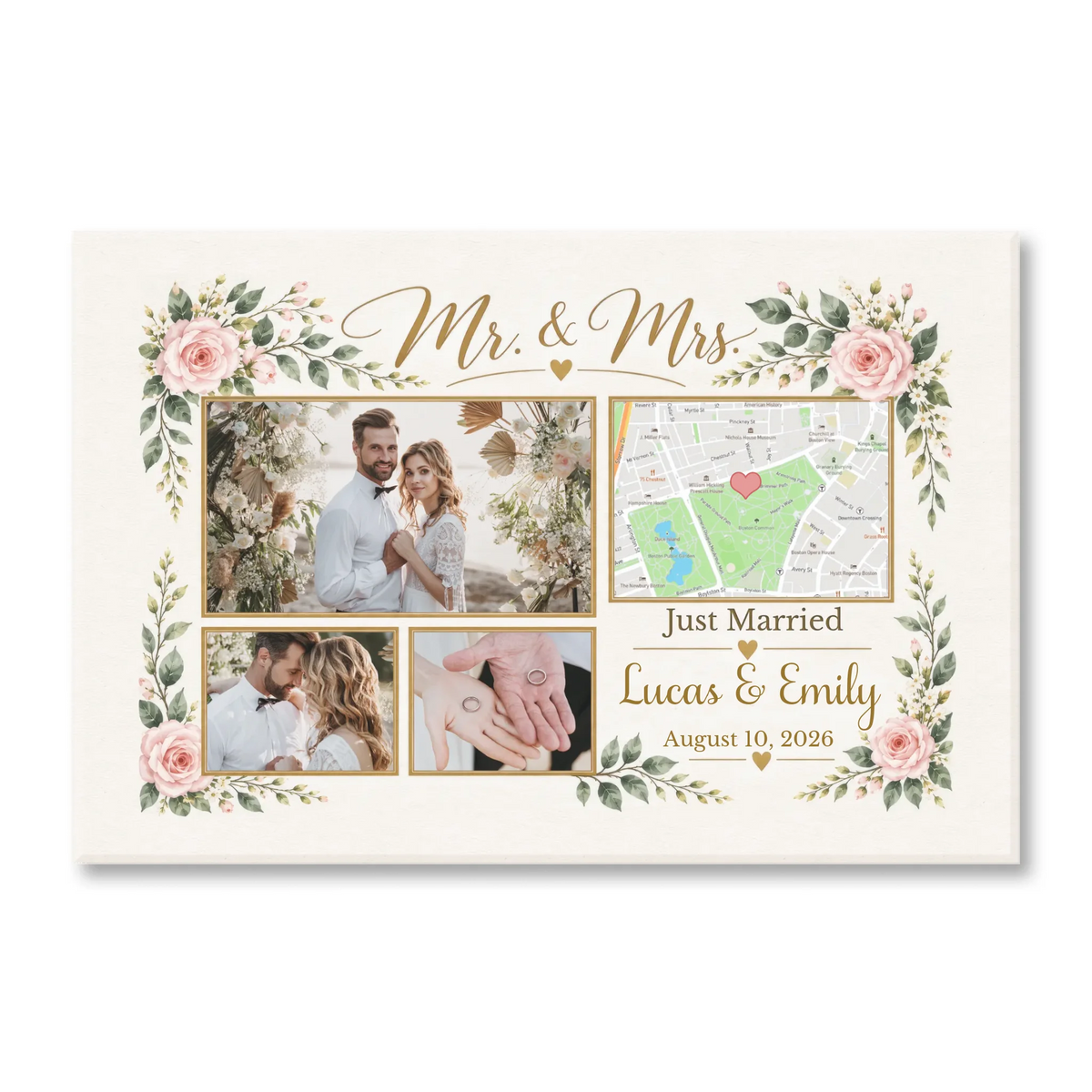 Just Married Wedding Photoa Collage Canvs, Custom Couple Names and Wedding Date Map Print, Mr and Mrs Floral Marriage Keepsake, Romantic Newlywed Gift for Couples - 3