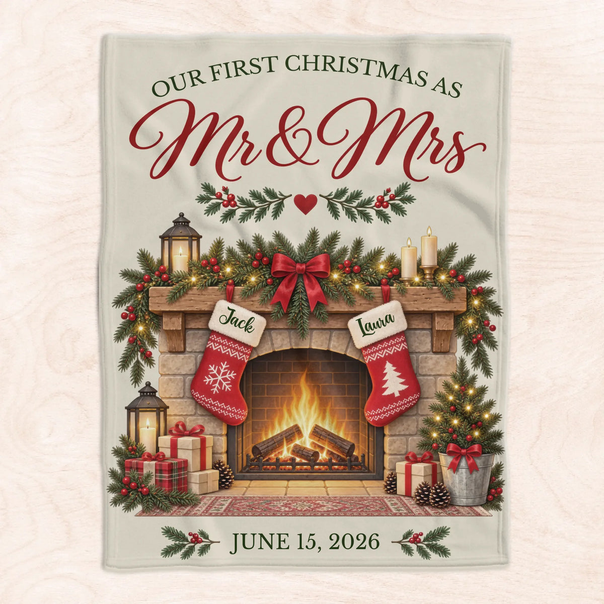 Our First Christmas As Mr &amp; Mrs - Personalized Blanket, Cozy Fireplace First Christmas Couple Keepsake