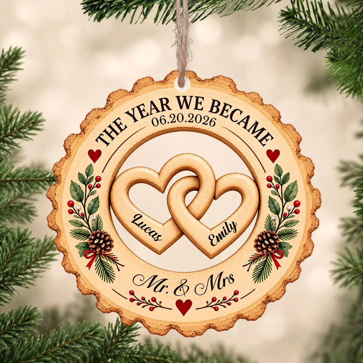 Couple Love The Year We Became Mr Mrs - Personalized Wooden Ornament, Gift For Couple, Engaged Couple, Married Couple Gift