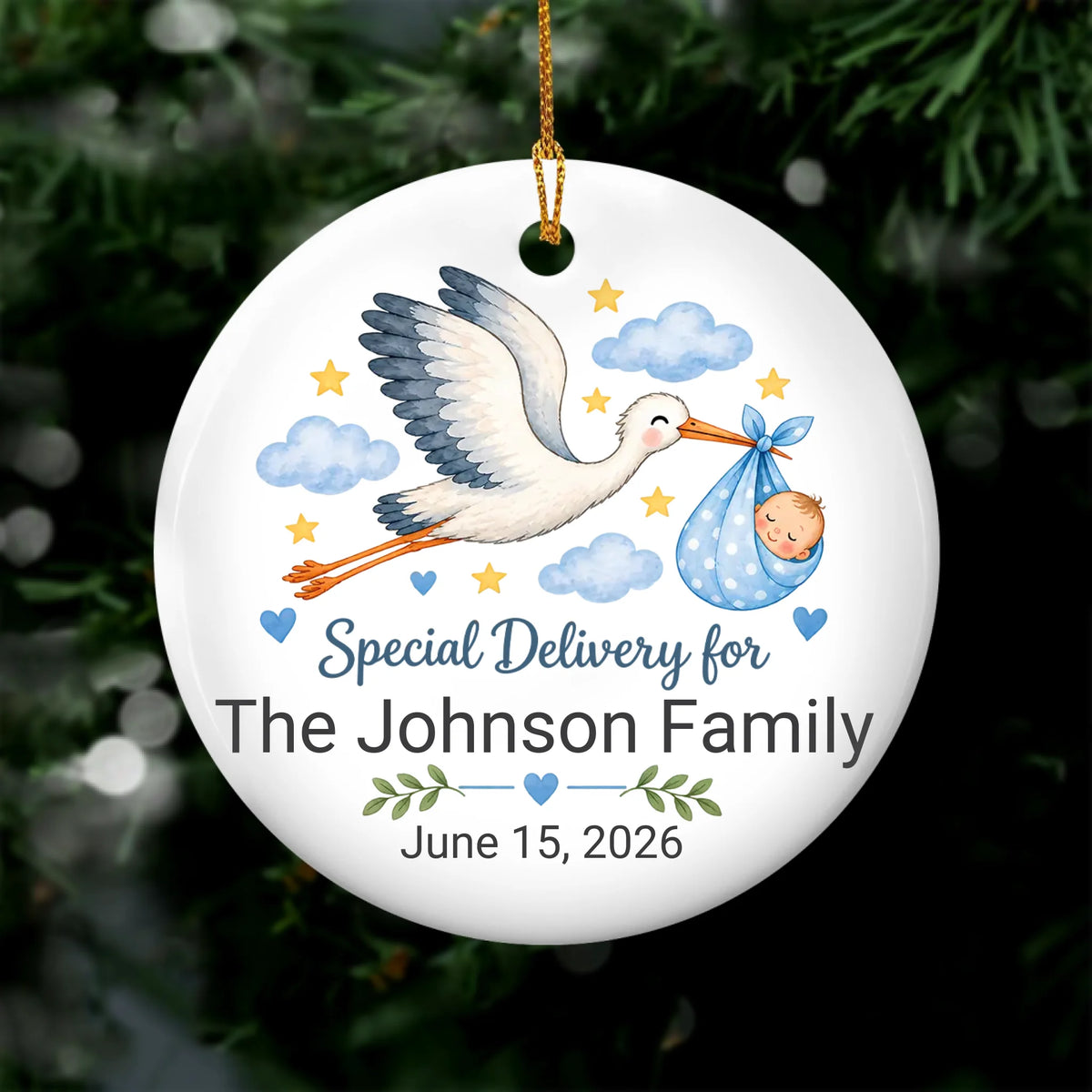 Personalized Baby Birth Announcement Ornament, Custom Name and Date Stork Ceramic Ornament, Newborn Baby Boy Gift, Baby's First Christmas Keepsake