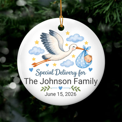 Personalized Baby Birth Announcement Ornament, Custom Name and Date Stork Ceramic Ornament, Newborn Baby Boy Gift, Baby's First Christmas Keepsake