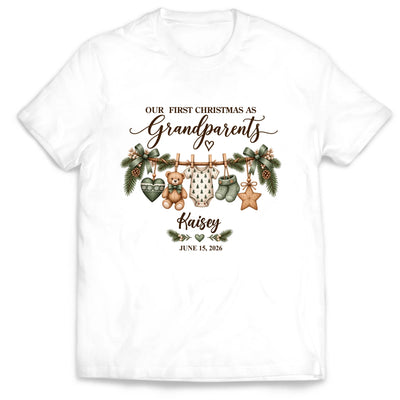 Custom Grandbaby Name T-Shirt, New Grandparents Christmas Gift, Personalized First Christmas as Grandma Grandpa Shirt
